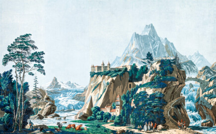 Schloss und Schlossgarten Schwetzingen - Schloss - Mittelbau - Von innen - 2. Obergeschoss - Schweizerzimmer / Compagniezimmer der Reichsgräfin von Hochberg - Nordwand, rechte Seite - Ausschnitt aus der Zuber-Panorama-Papiertapete „Les vues de Suisse“ (Entwurfszeichner: Pierre-Antoine Mongin (1761-1827); Druckerei: Zuber, Rixheim, Frankreich; Datierung: 1804; gesamte Tapete: 10,7 Meter x 3,9 Meter, 16 Bahnen, 1024 Holzdruckstöcke, 95 Farben; Konservierung/Restaurierung: zwischen 1988 und 1991) (aufgenommen im Februar 2024, um die Mittagszeit)