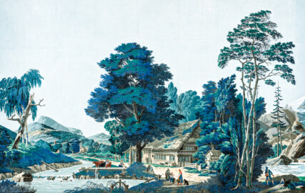 Schloss und Schlossgarten Schwetzingen - Schloss - Mittelbau - Von innen - 2. Obergeschoss - Schweizerzimmer / Compagniezimmer der Reichsgräfin von Hochberg - Nordwand, linke Seite - Ausschnitt aus der Zuber-Panorama-Papiertapete „Les vues de Suisse“ (Entwurfszeichner: Pierre-Antoine Mongin (1761-1827); Druckerei: Zuber, Rixheim, Frankreich; Datierung: 1804; gesamte Tapete: 10,7 Meter x 3,9 Meter, 16 Bahnen, 1024 Holzdruckstöcke, 95 Farben; Konservierung/Restaurierung: zwischen 1988 und 1991) (aufgenommen im Februar 2024, am frühen Nachmittag)