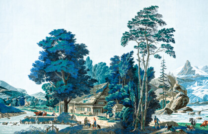Schloss und Schlossgarten Schwetzingen - Schloss - Mittelbau - Von innen - 2. Obergeschoss - Schweizerzimmer / Compagniezimmer der Reichsgräfin von Hochberg - Nordwand, linke Seite - Ausschnitt aus der Zuber-Panorama-Papiertapete „Les vues de Suisse“ (Entwurfszeichner: Pierre-Antoine Mongin (1761-1827); Druckerei: Zuber, Rixheim, Frankreich; Datierung: 1804; gesamte Tapete: 10,7 Meter x 3,9 Meter, 16 Bahnen, 1024 Holzdruckstöcke, 95 Farben; Konservierung/Restaurierung: zwischen 1988 und 1991) (aufgenommen im Februar 2024, am frühen Nachmittag)