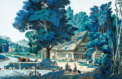 Schloss und Schlossgarten Schwetzingen - Schloss - Mittelbau - Von innen - 2. Obergeschoss - Schweizerzimmer / Compagniezimmer der Reichsgräfin von Hochberg - Nordwand, linke Seite - Ausschnitt aus der Zuber-Panorama-Papiertapete „Les vues de Suisse“ (Entwurfszeichner: Pierre-Antoine Mongin (1761-1827); Druckerei: Zuber, Rixheim, Frankreich; Datierung: 1804; gesamte Tapete: 10,7 Meter x 3,9 Meter, 16 Bahnen, 1024 Holzdruckstöcke, 95 Farben; Konservierung/Restaurierung: zwischen 1988 und 1991) (aufgenommen im Februar 2024, am frühen Nachmittag) Schloss und Schlossgarten Schwetzingen - Schloss - Mittelbau - Von innen - 2. Obergeschoss - Schweizerzimmer / Compagniezimmer der Reichsgräfin von Hochberg - Nordwand, linke Seite - Ausschnitt aus der Zuber-Panorama-Papiertapete „Les vues de Suisse“ (Entwurfszeichner: Pierre-Antoine Mongin (1761-1827); Druckerei: Zuber, Rixheim, Frankreich; Datierung: 1804; gesamte Tapete: 10,7 Meter x 3,9 Meter, 16 Bahnen, 1024 Holzdruckstöcke, 95 Farben; Konservierung/Restaurierung: zwischen 1988 und 1991) (aufgenommen im Februar 2024, am frühen Nachmittag)