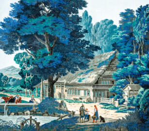 Schloss und Schlossgarten Schwetzingen - Schloss - Mittelbau - Von innen - 2. Obergeschoss - Schweizerzimmer / Compagniezimmer der Reichsgräfin von Hochberg - Nordwand, linke Seite - Ausschnitt aus der Zuber-Panorama-Papiertapete „Les vues de Suisse“ (Entwurfszeichner: Pierre-Antoine Mongin (1761-1827); Druckerei: Zuber, Rixheim, Frankreich; Datierung: 1804; gesamte Tapete: 10,7 Meter x 3,9 Meter, 16 Bahnen, 1024 Holzdruckstöcke, 95 Farben; Konservierung/Restaurierung: zwischen 1988 und 1991) (aufgenommen im Februar 2024, am frühen Nachmittag)