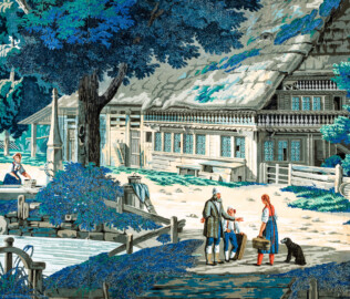 Schloss und Schlossgarten Schwetzingen - Schloss - Mittelbau - Von innen - 2. Obergeschoss - Schweizerzimmer / Compagniezimmer der Reichsgräfin von Hochberg - Nordwand, linke Seite - Ausschnitt aus der Zuber-Panorama-Papiertapete „Les vues de Suisse“ (Entwurfszeichner: Pierre-Antoine Mongin (1761-1827); Druckerei: Zuber, Rixheim, Frankreich; Datierung: 1804; gesamte Tapete: 10,7 Meter x 3,9 Meter, 16 Bahnen, 1024 Holzdruckstöcke, 95 Farben; Konservierung/Restaurierung: zwischen 1988 und 1991) (aufgenommen im Februar 2024, am frühen Nachmittag)