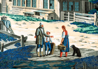 Schloss und Schlossgarten Schwetzingen - Schloss - Mittelbau - Von innen - 2. Obergeschoss - Schweizerzimmer / Compagniezimmer der Reichsgräfin von Hochberg - Nordwand, linke Seite - Ausschnitt aus der Zuber-Panorama-Papiertapete „Les vues de Suisse“ (Entwurfszeichner: Pierre-Antoine Mongin (1761-1827); Druckerei: Zuber, Rixheim, Frankreich; Datierung: 1804; gesamte Tapete: 10,7 Meter x 3,9 Meter, 16 Bahnen, 1024 Holzdruckstöcke, 95 Farben; Konservierung/Restaurierung: zwischen 1988 und 1991) (aufgenommen im Februar 2024, am frühen Nachmittag)