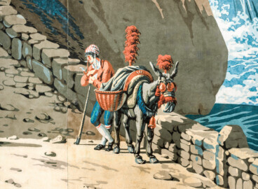 Schloss und Schlossgarten Schwetzingen - Schloss - Mittelbau - Von innen - 2. Obergeschoss - Schweizerzimmer / Compagniezimmer der Reichsgräfin von Hochberg - Nordwand, rechte Seite - Ausschnitt aus der Zuber-Panorama-Papiertapete „Les vues de Suisse“ (Entwurfszeichner: Pierre-Antoine Mongin (1761-1827); Druckerei: Zuber, Rixheim, Frankreich; Datierung: 1804; gesamte Tapete: 10,7 Meter x 3,9 Meter, 16 Bahnen, 1024 Holzdruckstöcke, 95 Farben; Konservierung/Restaurierung: zwischen 1988 und 1991) (aufgenommen im Februar 2024, am Nachmittag) Schloss und Schlossgarten Schwetzingen - Schloss - Mittelbau - Von innen - 2. Obergeschoss - Schweizerzimmer / Compagniezimmer der Reichsgräfin von Hochberg - Nordwand, rechte Seite - Ausschnitt aus der Zuber-Panorama-Papiertapete „Les vues de Suisse“ (Entwurfszeichner: Pierre-Antoine Mongin (1761-1827); Druckerei: Zuber, Rixheim, Frankreich; Datierung: 1804; gesamte Tapete: 10,7 Meter x 3,9 Meter, 16 Bahnen, 1024 Holzdruckstöcke, 95 Farben; Konservierung/Restaurierung: zwischen 1988 und 1991) (aufgenommen im Februar 2024, am Nachmittag)