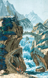 Schloss und Schlossgarten Schwetzingen - Schloss - Mittelbau - Von innen - 2. Obergeschoss - Schweizerzimmer / Compagniezimmer der Reichsgräfin von Hochberg - Nordwand, rechte Seite - Ausschnitt aus der Zuber-Panorama-Papiertapete „Les vues de Suisse“ (Entwurfszeichner: Pierre-Antoine Mongin (1761-1827); Druckerei: Zuber, Rixheim, Frankreich; Datierung: 1804; gesamte Tapete: 10,7 Meter x 3,9 Meter, 16 Bahnen, 1024 Holzdruckstöcke, 95 Farben; Konservierung/Restaurierung: zwischen 1988 und 1991) (aufgenommen im Februar 2024, am Nachmittag) Schloss und Schlossgarten Schwetzingen - Schloss - Mittelbau - Von innen - 2. Obergeschoss - Schweizerzimmer / Compagniezimmer der Reichsgräfin von Hochberg - Nordwand, rechte Seite - Ausschnitt aus der Zuber-Panorama-Papiertapete „Les vues de Suisse“ (Entwurfszeichner: Pierre-Antoine Mongin (1761-1827); Druckerei: Zuber, Rixheim, Frankreich; Datierung: 1804; gesamte Tapete: 10,7 Meter x 3,9 Meter, 16 Bahnen, 1024 Holzdruckstöcke, 95 Farben; Konservierung/Restaurierung: zwischen 1988 und 1991) (aufgenommen im Februar 2024, am Nachmittag)