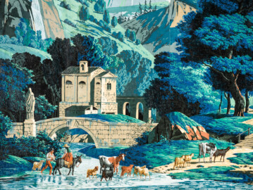 Schloss und Schlossgarten Schwetzingen - Schloss - Mittelbau - Von innen - 2. Obergeschoss - Schweizerzimmer / Compagniezimmer der Reichsgräfin von Hochberg - Ostwand, linke Seite - Ausschnitt aus der Zuber-Panorama-Papiertapete „Les vues de Suisse“ (Entwurfszeichner: Pierre-Antoine Mongin (1761-1827); Druckerei: Zuber, Rixheim, Frankreich; Datierung: 1804; gesamte Tapete: 10,7 Meter x 3,9 Meter, 16 Bahnen, 1024 Holzdruckstöcke, 95 Farben; Konservierung/Restaurierung: zwischen 1988 und 1991) (aufgenommen im Februar 2024, am Nachmittag) Schloss und Schlossgarten Schwetzingen - Schloss - Mittelbau - Von innen - 2. Obergeschoss - Schweizerzimmer / Compagniezimmer der Reichsgräfin von Hochberg - Ostwand, linke Seite - Ausschnitt aus der Zuber-Panorama-Papiertapete „Les vues de Suisse“ (Entwurfszeichner: Pierre-Antoine Mongin (1761-1827); Druckerei: Zuber, Rixheim, Frankreich; Datierung: 1804; gesamte Tapete: 10,7 Meter x 3,9 Meter, 16 Bahnen, 1024 Holzdruckstöcke, 95 Farben; Konservierung/Restaurierung: zwischen 1988 und 1991) (aufgenommen im Februar 2024, am Nachmittag)