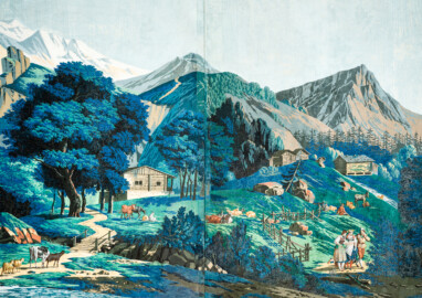 Schloss und Schlossgarten Schwetzingen - Schloss - Mittelbau - Von innen - 2. Obergeschoss - Schweizerzimmer / Compagniezimmer der Reichsgräfin von Hochberg - Ostwand, linke Seite - Ausschnitt aus der Zuber-Panorama-Papiertapete „Les vues de Suisse“ (Entwurfszeichner: Pierre-Antoine Mongin (1761-1827); Druckerei: Zuber, Rixheim, Frankreich; Datierung: 1804; gesamte Tapete: 10,7 Meter x 3,9 Meter, 16 Bahnen, 1024 Holzdruckstöcke, 95 Farben; Konservierung/Restaurierung: zwischen 1988 und 1991) (aufgenommen im Februar 2024, am Nachmittag)