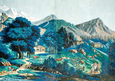Schloss und Schlossgarten Schwetzingen - Schloss - Mittelbau - Von innen - 2. Obergeschoss - Schweizerzimmer / Compagniezimmer der Reichsgräfin von Hochberg - Ostwand, linke Seite - Ausschnitt aus der Zuber-Panorama-Papiertapete „Les vues de Suisse“ (Entwurfszeichner: Pierre-Antoine Mongin (1761-1827); Druckerei: Zuber, Rixheim, Frankreich; Datierung: 1804; gesamte Tapete: 10,7 Meter x 3,9 Meter, 16 Bahnen, 1024 Holzdruckstöcke, 95 Farben; Konservierung/Restaurierung: zwischen 1988 und 1991) (aufgenommen im Februar 2024, am Nachmittag) Schloss und Schlossgarten Schwetzingen - Schloss - Mittelbau - Von innen - 2. Obergeschoss - Schweizerzimmer / Compagniezimmer der Reichsgräfin von Hochberg - Ostwand, linke Seite - Ausschnitt aus der Zuber-Panorama-Papiertapete „Les vues de Suisse“ (Entwurfszeichner: Pierre-Antoine Mongin (1761-1827); Druckerei: Zuber, Rixheim, Frankreich; Datierung: 1804; gesamte Tapete: 10,7 Meter x 3,9 Meter, 16 Bahnen, 1024 Holzdruckstöcke, 95 Farben; Konservierung/Restaurierung: zwischen 1988 und 1991) (aufgenommen im Februar 2024, am Nachmittag)