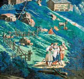 Schloss und Schlossgarten Schwetzingen - Schloss - Mittelbau - Von innen - 2. Obergeschoss - Schweizerzimmer / Compagniezimmer der Reichsgräfin von Hochberg - Ostwand, rechts der Tür zum Gelben Saal - Ausschnitt aus der Zuber-Panorama-Papiertapete „Les vues de Suisse“ (Entwurfszeichner: Pierre-Antoine Mongin (1761-1827); Druckerei: Zuber, Rixheim, Frankreich; Datierung: 1804; gesamte Tapete: 10,7 Meter x 3,9 Meter, 16 Bahnen, 1024 Holzdruckstöcke, 95 Farben; Konservierung/Restaurierung: zwischen 1988 und 1991) (aufgenommen im Februar 2024, am Nachmittag) Schloss und Schlossgarten Schwetzingen - Schloss - Mittelbau - Von innen - 2. Obergeschoss - Schweizerzimmer / Compagniezimmer der Reichsgräfin von Hochberg - Ostwand, rechts der Tür zum Gelben Saal - Ausschnitt aus der Zuber-Panorama-Papiertapete „Les vues de Suisse“ (Entwurfszeichner: Pierre-Antoine Mongin (1761-1827); Druckerei: Zuber, Rixheim, Frankreich; Datierung: 1804; gesamte Tapete: 10,7 Meter x 3,9 Meter, 16 Bahnen, 1024 Holzdruckstöcke, 95 Farben; Konservierung/Restaurierung: zwischen 1988 und 1991) (aufgenommen im Februar 2024, am Nachmittag)