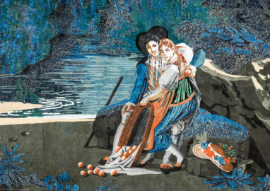 Schloss und Schlossgarten Schwetzingen - Schloss - Mittelbau - Von innen - 2. Obergeschoss - Schweizerzimmer / Compagniezimmer der Reichsgräfin von Hochberg - Ostwand, rechts der Tür zum Gelben Saal - Ausschnitt aus der Zuber-Panorama-Papiertapete „Les vues de Suisse“ (Entwurfszeichner: Pierre-Antoine Mongin (1761-1827); Druckerei: Zuber, Rixheim, Frankreich; Datierung: 1804; gesamte Tapete: 10,7 Meter x 3,9 Meter, 16 Bahnen, 1024 Holzdruckstöcke, 95 Farben; Konservierung/Restaurierung: zwischen 1988 und 1991) (aufgenommen im Februar 2024, am Nachmittag) Schloss und Schlossgarten Schwetzingen - Schloss - Mittelbau - Von innen - 2. Obergeschoss - Schweizerzimmer / Compagniezimmer der Reichsgräfin von Hochberg - Ostwand, rechts der Tür zum Gelben Saal - Ausschnitt aus der Zuber-Panorama-Papiertapete „Les vues de Suisse“ (Entwurfszeichner: Pierre-Antoine Mongin (1761-1827); Druckerei: Zuber, Rixheim, Frankreich; Datierung: 1804; gesamte Tapete: 10,7 Meter x 3,9 Meter, 16 Bahnen, 1024 Holzdruckstöcke, 95 Farben; Konservierung/Restaurierung: zwischen 1988 und 1991) (aufgenommen im Februar 2024, am Nachmittag)