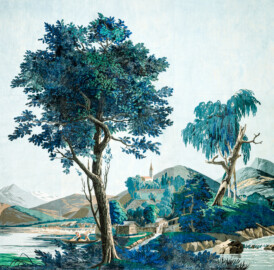 Schloss und Schlossgarten Schwetzingen - Schloss - Mittelbau - Von innen - 2. Obergeschoss - Schweizerzimmer / Compagniezimmer der Reichsgräfin von Hochberg - Ostwand, rechte Seite - Ausschnitt aus der Zuber-Panorama-Papiertapete „Les vues de Suisse“ (Entwurfszeichner: Pierre-Antoine Mongin (1761-1827); Druckerei: Zuber, Rixheim, Frankreich; Datierung: 1804; gesamte Tapete: 10,7 Meter x 3,9 Meter, 16 Bahnen, 1024 Holzdruckstöcke, 95 Farben; Konservierung/Restaurierung: zwischen 1988 und 1991) (aufgenommen im Februar 2024, am späten Nachmittag) Schloss und Schlossgarten Schwetzingen - Schloss - Mittelbau - Von innen - 2. Obergeschoss - Schweizerzimmer / Compagniezimmer der Reichsgräfin von Hochberg - Ostwand, rechte Seite - Ausschnitt aus der Zuber-Panorama-Papiertapete „Les vues de Suisse“ (Entwurfszeichner: Pierre-Antoine Mongin (1761-1827); Druckerei: Zuber, Rixheim, Frankreich; Datierung: 1804; gesamte Tapete: 10,7 Meter x 3,9 Meter, 16 Bahnen, 1024 Holzdruckstöcke, 95 Farben; Konservierung/Restaurierung: zwischen 1988 und 1991) (aufgenommen im Februar 2024, am späten Nachmittag)