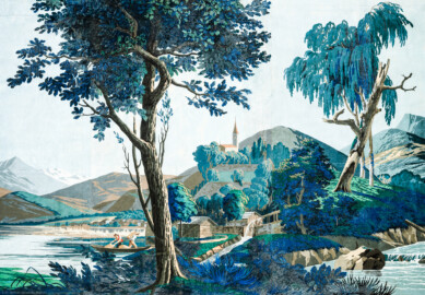 Schloss und Schlossgarten Schwetzingen - Schloss - Mittelbau - Von innen - 2. Obergeschoss - Schweizerzimmer / Compagniezimmer der Reichsgräfin von Hochberg - Ostwand, rechte Seite - Ausschnitt aus der Zuber-Panorama-Papiertapete „Les vues de Suisse“ (Entwurfszeichner: Pierre-Antoine Mongin (1761-1827); Druckerei: Zuber, Rixheim, Frankreich; Datierung: 1804; gesamte Tapete: 10,7 Meter x 3,9 Meter, 16 Bahnen, 1024 Holzdruckstöcke, 95 Farben; Konservierung/Restaurierung: zwischen 1988 und 1991) (aufgenommen im Februar 2024, am späten Nachmittag) Schloss und Schlossgarten Schwetzingen - Schloss - Mittelbau - Von innen - 2. Obergeschoss - Schweizerzimmer / Compagniezimmer der Reichsgräfin von Hochberg - Ostwand, rechte Seite - Ausschnitt aus der Zuber-Panorama-Papiertapete „Les vues de Suisse“ (Entwurfszeichner: Pierre-Antoine Mongin (1761-1827); Druckerei: Zuber, Rixheim, Frankreich; Datierung: 1804; gesamte Tapete: 10,7 Meter x 3,9 Meter, 16 Bahnen, 1024 Holzdruckstöcke, 95 Farben; Konservierung/Restaurierung: zwischen 1988 und 1991) (aufgenommen im Februar 2024, am späten Nachmittag)