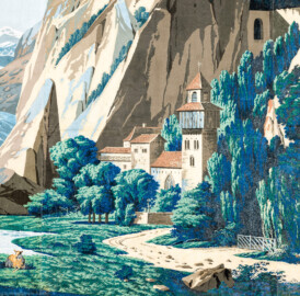 Schloss und Schlossgarten Schwetzingen - Schloss - Mittelbau - Von innen - 2. Obergeschoss - Schweizerzimmer / Compagniezimmer der Reichsgräfin von Hochberg - Nordwand, rechte Seite - Ausschnitt aus der Zuber-Panorama-Papiertapete „Les vues de Suisse“ (Entwurfszeichner: Pierre-Antoine Mongin (1761-1827); Druckerei: Zuber, Rixheim, Frankreich; Datierung: 1804; gesamte Tapete: 10,7 Meter x 3,9 Meter, 16 Bahnen, 1024 Holzdruckstöcke, 95 Farben; Konservierung/Restaurierung: zwischen 1988 und 1991) (aufgenommen im Februar 2024, am späten Nachmittag)