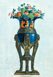 Schloss und Schlossgarten Schwetzingen - Schloss - Mittelbau - Von innen - 2. Obergeschoss - Schweizerzimmer / Compagniezimmer der Reichsgräfin von Hochberg - Südwand, Mitte, über dem Kamin - Panneau mit der Abbildung eines Tafelaufsatzes: bronzener Dreifuß, darauf ein Gefäß aus gebläutem Stahl, gefüllt mit Früchten und Trauben (Papiertapete: Hersteller und genaue Datierung unbekannt, vermutlich französischer Herkunft, Anzahl Farben zwischen 10 und 20) (aufgenommen im Februar 2024, am späten Vormittag) Schloss und Schlossgarten Schwetzingen - Schloss - Mittelbau - Von innen - 2. Obergeschoss - Schweizerzimmer / Compagniezimmer der Reichsgräfin von Hochberg - Südwand, Mitte, über dem Kamin - Panneau mit der Abbildung eines Tafelaufsatzes: bronzener Dreifuß, darauf ein Gefäß aus gebläutem Stahl, gefüllt mit Früchten und Trauben (Papiertapete: Hersteller und genaue Datierung unbekannt, vermutlich französischer Herkunft, Anzahl Farben zwischen 10 und 20) (aufgenommen im Februar 2024, am späten Vormittag)