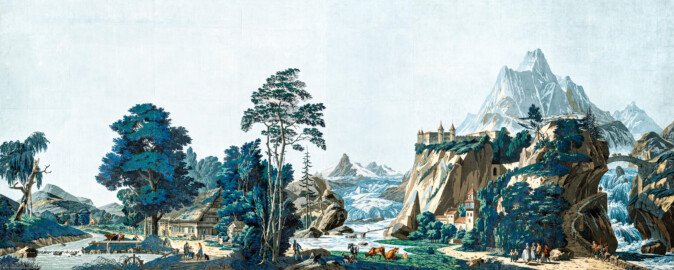 Schloss und Schlossgarten Schwetzingen - Schloss - Mittelbau - Von innen - 2. Obergeschoss - Schweizerzimmer / Compagniezimmer der Reichsgräfin von Hochberg - Nordwand - Rechte Seite (etwas mehr als 6 von 16 Bahnen, rechts und zusätzliche redundante Bahnen, links) der Zuber-Panorama-Papiertapete „Les vues de Suisse“ mit Schweizer Alpenlandschaften (Entwurfszeichner: Pierre-Antoine Mongin (1761-1827); Druckerei: Zuber, Rixheim, Frankreich; Datierung: 1804; Bahnen der Ostwand (linke Tapetenseite) und der Nordwand (rechte Tapetenseite) ergeben die gesamte Tapete; Süd- und Westwand zeigen Wiederholungen einiger Bahnen der Ost- und Nordwand; gesamte Tapete: 10,7 Meter x 3,9 Meter, 16 Bahnen, 1024 Holzdruckstöcke, 95 Farben; Konservierung/Restaurierung: zwischen 1988 und 1991) (aufgenommen im März 2024, um die Mittagszeit)