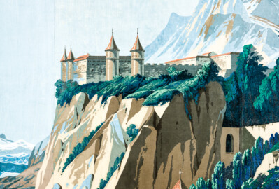 Schloss und Schlossgarten Schwetzingen - Schloss - Mittelbau - Von innen - 2. Obergeschoss - Schweizerzimmer / Compagniezimmer der Reichsgräfin von Hochberg - Nordwand, rechte Seite - Ausschnitt aus der Zuber-Panorama-Papiertapete „Les vues de Suisse“ (Entwurfszeichner: Pierre-Antoine Mongin (1761-1827); Druckerei: Zuber, Rixheim, Frankreich; Datierung: 1804; gesamte Tapete: 10,7 Meter x 3,9 Meter, 16 Bahnen, 1024 Holzdruckstöcke, 95 Farben; Konservierung/Restaurierung: zwischen 1988 und 1991) (aufgenommen im März 2024, um die Mittagszeit)