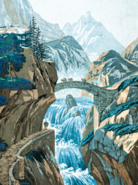 Schloss und Schlossgarten Schwetzingen - Schloss - Mittelbau - Von innen - 2. Obergeschoss - Schweizerzimmer / Compagniezimmer der Reichsgräfin von Hochberg - Nordwand, rechte Seite - Ausschnitt aus der Zuber-Panorama-Papiertapete „Les vues de Suisse“ (Entwurfszeichner: Pierre-Antoine Mongin (1761-1827); Druckerei: Zuber, Rixheim, Frankreich; Datierung: 1804; gesamte Tapete: 10,7 Meter x 3,9 Meter, 16 Bahnen, 1024 Holzdruckstöcke, 95 Farben; Konservierung/Restaurierung: zwischen 1988 und 1991) (aufgenommen im März 2024, am frühen Nachmittag) Schloss und Schlossgarten Schwetzingen - Schloss - Mittelbau - Von innen - 2. Obergeschoss - Schweizerzimmer / Compagniezimmer der Reichsgräfin von Hochberg - Nordwand, rechte Seite - Ausschnitt aus der Zuber-Panorama-Papiertapete „Les vues de Suisse“ (Entwurfszeichner: Pierre-Antoine Mongin (1761-1827); Druckerei: Zuber, Rixheim, Frankreich; Datierung: 1804; gesamte Tapete: 10,7 Meter x 3,9 Meter, 16 Bahnen, 1024 Holzdruckstöcke, 95 Farben; Konservierung/Restaurierung: zwischen 1988 und 1991) (aufgenommen im März 2024, am frühen Nachmittag)