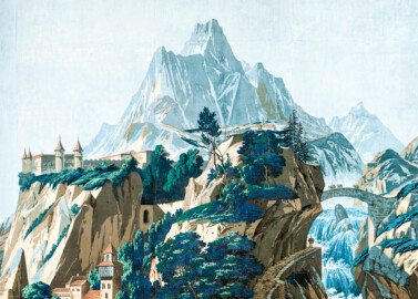 Schloss und Schlossgarten Schwetzingen - Schloss - Mittelbau - Von innen - 2. Obergeschoss - Schweizerzimmer / Compagniezimmer der Reichsgräfin von Hochberg - Nordwand, rechte Seite - Ausschnitt aus der Zuber-Panorama-Papiertapete „Les vues de Suisse“ (Entwurfszeichner: Pierre-Antoine Mongin (1761-1827); Druckerei: Zuber, Rixheim, Frankreich; Datierung: 1804; gesamte Tapete: 10,7 Meter x 3,9 Meter, 16 Bahnen, 1024 Holzdruckstöcke, 95 Farben; Konservierung/Restaurierung: zwischen 1988 und 1991) (aufgenommen im März 2024, am frühen Nachmittag) Schloss und Schlossgarten Schwetzingen - Schloss - Mittelbau - Von innen - 2. Obergeschoss - Schweizerzimmer / Compagniezimmer der Reichsgräfin von Hochberg - Nordwand, rechte Seite - Ausschnitt aus der Zuber-Panorama-Papiertapete „Les vues de Suisse“ (Entwurfszeichner: Pierre-Antoine Mongin (1761-1827); Druckerei: Zuber, Rixheim, Frankreich; Datierung: 1804; gesamte Tapete: 10,7 Meter x 3,9 Meter, 16 Bahnen, 1024 Holzdruckstöcke, 95 Farben; Konservierung/Restaurierung: zwischen 1988 und 1991) (aufgenommen im März 2024, am frühen Nachmittag)