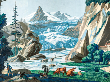 Schloss und Schlossgarten Schwetzingen - Schloss - Mittelbau - Von innen - 2. Obergeschoss - Schweizerzimmer / Compagniezimmer der Reichsgräfin von Hochberg - Nordwand, rechte Seite - Ausschnitt aus der Zuber-Panorama-Papiertapete „Les vues de Suisse“ (Entwurfszeichner: Pierre-Antoine Mongin (1761-1827); Druckerei: Zuber, Rixheim, Frankreich; Datierung: 1804; gesamte Tapete: 10,7 Meter x 3,9 Meter, 16 Bahnen, 1024 Holzdruckstöcke, 95 Farben; Konservierung/Restaurierung: zwischen 1988 und 1991) (aufgenommen im März 2024, am frühen Nachmittag) Schloss und Schlossgarten Schwetzingen - Schloss - Mittelbau - Von innen - 2. Obergeschoss - Schweizerzimmer / Compagniezimmer der Reichsgräfin von Hochberg - Nordwand, rechte Seite - Ausschnitt aus der Zuber-Panorama-Papiertapete „Les vues de Suisse“ (Entwurfszeichner: Pierre-Antoine Mongin (1761-1827); Druckerei: Zuber, Rixheim, Frankreich; Datierung: 1804; gesamte Tapete: 10,7 Meter x 3,9 Meter, 16 Bahnen, 1024 Holzdruckstöcke, 95 Farben; Konservierung/Restaurierung: zwischen 1988 und 1991) (aufgenommen im März 2024, am frühen Nachmittag)