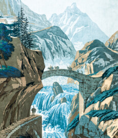 Schloss und Schlossgarten Schwetzingen - Schloss - Mittelbau - Von innen - 2. Obergeschoss - Schweizerzimmer / Compagniezimmer der Reichsgräfin von Hochberg - Nordwand, rechte Seite - Ausschnitt aus der Zuber-Panorama-Papiertapete „Les vues de Suisse“ (Entwurfszeichner: Pierre-Antoine Mongin (1761-1827); Druckerei: Zuber, Rixheim, Frankreich; Datierung: 1804; gesamte Tapete: 10,7 Meter x 3,9 Meter, 16 Bahnen, 1024 Holzdruckstöcke, 95 Farben; Konservierung/Restaurierung: zwischen 1988 und 1991) (aufgenommen im März 2024, am frühen Nachmittag) Schloss und Schlossgarten Schwetzingen - Schloss - Mittelbau - Von innen - 2. Obergeschoss - Schweizerzimmer / Compagniezimmer der Reichsgräfin von Hochberg - Nordwand, rechte Seite - Ausschnitt aus der Zuber-Panorama-Papiertapete „Les vues de Suisse“ (Entwurfszeichner: Pierre-Antoine Mongin (1761-1827); Druckerei: Zuber, Rixheim, Frankreich; Datierung: 1804; gesamte Tapete: 10,7 Meter x 3,9 Meter, 16 Bahnen, 1024 Holzdruckstöcke, 95 Farben; Konservierung/Restaurierung: zwischen 1988 und 1991) (aufgenommen im März 2024, am frühen Nachmittag)