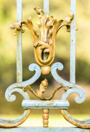 Schloss und Schlossgarten Schwetzingen - Garten - Arboretum - Südliches Tor - Von Süden - Blick auf vergoldete Rokoko-Verzierungen (Eisentür fertiggestellt 1755; entworfen von Franz Wilhelm Rabaliatti, geschmiedet von den Mannheimer Schlossermeistern Strickling und Frockmann; ursprünglich an einem anderen Ort verbaut) (aufgenommen im April 2024, um die Mittagszeit) Schloss und Schlossgarten Schwetzingen - Garten - Arboretum - Südliches Tor - Von Süden - Blick auf vergoldete Rokoko-Verzierungen (Eisentür fertiggestellt 1755; entworfen von Franz Wilhelm Rabaliatti, geschmiedet von den Mannheimer Schlossermeistern Strickling und Frockmann; ursprünglich an einem anderen Ort verbaut) (aufgenommen im April 2024, um die Mittagszeit)