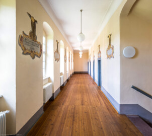 Schloss und Schlossgarten Schwetzingen - Schloss - Südflügel / Hofdamenflügel - Querbau - Von Innen - Obergeschoss - Gang - Von Süden - Blick nach Norden in den Gang des Querbaus, auf Türen, Fenster, die Treppe zum Erdgeschoss sowie auf "Hirschkartuschen"; Gemälde dienten der Erinnerung an Jagden; Datierung der Gemälde: zwischen 1713 und 1720 unter dem Kurfürsten Johann Wilhelm (1658-1716, reg. 1690-1716) oder Karl III. Philipp (1661-1742, reg. 1716-1742); Malerei in Fresco-Technik; Ovale im Stirnbereich der Hirsche dienten der Anbringung der Hirschgeweihe; Malereien vermutlich in jüngerer Zeit überstrichen  (Südflügel: L-förmig, Länge x Breite Längsbau ca. 50 x 14 Meter, Querbau ca. 15 x 11 Meter,; Architekt: Johann Adam Breunig (1660-1727); Fertigstellung: 1710, letzte Renovierung: 2009-2012) (aufgenommen im August 2024, am Nachmittag)