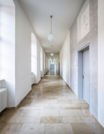 Schloss und Schlossgarten Schwetzingen - Schloss - Küchenflügel / Küchenbau - Längsbau - Von innen - Erdgeschoss - Gang - Von Westen - Blick von der großen Glastür zum östlichen Gang nach Osten in den ca. 30 Meter langen Teilgang; vorne rechts die Tür zum Hörsaal 3; oberhalb der Tür im vertieftem Wandfeld ein Stuckrelief; Wandflächen um Türen ausgeführt in Stuccolustro (glänzender Stuck, eine historische Spachteltechnik) (Küchenflügel: L-förmig, Länge x Breite Längsbau ca. 75 x 13 Meter, Querbau ca. 25 x 11 Meter; Architekt: Nicolas de Pigage (1723-1796); Fertigstellung: 1761, letzte Renovierung: 2009-2012) (aufgenommen im August 2024, am späten Nachmittag) Schloss und Schlossgarten Schwetzingen - Schloss - Küchenflügel / Küchenbau - Längsbau - Von innen - Erdgeschoss - Gang - Von Westen - Blick von der großen Glastür zum östlichen Gang nach Osten in den ca. 30 Meter langen Teilgang; vorne rechts die Tür zum Hörsaal 3; oberhalb der Tür im vertieftem Wandfeld ein Stuckrelief; Wandflächen um Türen ausgeführt in Stuccolustro (glänzender Stuck, eine historische Spachteltechnik) (Küchenflügel: L-förmig, Länge x Breite Längsbau ca. 75 x 13 Meter, Querbau ca. 25 x 11 Meter; Architekt: Nicolas de Pigage (1723-1796); Fertigstellung: 1761, letzte Renovierung: 2009-2012) (aufgenommen im August 2024, am späten Nachmittag)