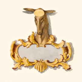 Schloss und Schlossgarten Schwetzingen - Schloss - Südflügel / Hofdamenflügel - Querbau - Von Innen - Obergeschoss - Gang - Ostwand - 5. Gemälde von Norden - Von Westen - Blick auf eine "Hirschkartusche" zur Erinnerung an eine Jagd; Inschrift: nicht mehr vorhanden; Datierung: zwischen 1713 und 1720 unter dem Kurfürsten Johann Wilhelm (1658-1716, reg. 1690-1716) oder Karl III. Philipp (1661-1742, reg. 1716-1742); Malerei in Fresco-Technik; Oval im Stirnbereich des Hirsches diente der Anbringung des Hirschgeweihs; Malerei vermutlich in jüngerer Zeit überstrichen (Südflügel: L-förmig, Länge x Breite Längsbau ca. 50 x 14 Meter, Querbau ca. 15 x 11 Meter,; Architekt: Johann Adam Breunig (1660-1727); Fertigstellung: 1710, letzte Renovierung: 2009-2012) (aufgenommen im September 2024, am späten Vormittag) Schloss und Schlossgarten Schwetzingen - Schloss - Südflügel / Hofdamenflügel - Querbau - Von Innen - Obergeschoss - Gang - Ostwand - 5. Gemälde von Norden - Von Westen - Blick auf eine "Hirschkartusche" zur Erinnerung an eine Jagd; Inschrift: nicht mehr vorhanden; Datierung: zwischen 1713 und 1720 unter dem Kurfürsten Johann Wilhelm (1658-1716, reg. 1690-1716) oder Karl III. Philipp (1661-1742, reg. 1716-1742); Malerei in Fresco-Technik; Oval im Stirnbereich des Hirsches diente der Anbringung des Hirschgeweihs; Malerei vermutlich in jüngerer Zeit überstrichen (Südflügel: L-förmig, Länge x Breite Längsbau ca. 50 x 14 Meter, Querbau ca. 15 x 11 Meter,; Architekt: Johann Adam Breunig (1660-1727); Fertigstellung: 1710, letzte Renovierung: 2009-2012) (aufgenommen im September 2024, am späten Vormittag)