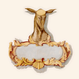 Schloss und Schlossgarten Schwetzingen - Schloss - Südflügel / Hofdamenflügel - Querbau - Von Innen - Obergeschoss - Gang - Westwand - 5. Gemälde von Süden - Von Osten - Blick auf eine "Hirschkartusche" zur Erinnerung an eine Jagd; Inschrift: nicht mehr vorhanden; Datierung: zwischen 1713 und 1720 unter dem Kurfürsten Johann Wilhelm (1658-1716, reg. 1690-1716) oder Karl III. Philipp (1661-1742, reg. 1716-1742); Malerei in Fresco-Technik; Oval im Stirnbereich des Hirsches diente der Anbringung des Hirschgeweihs; Malerei vermutlich in jüngerer Zeit überstrichen (Südflügel: L-förmig, Länge x Breite Längsbau ca. 50 x 14 Meter, Querbau ca. 15 x 11 Meter,; Architekt: Johann Adam Breunig (1660-1727); Fertigstellung: 1710, letzte Renovierung: 2009-2012) (aufgenommen im September 2024, um die Mittagszeit) Schloss und Schlossgarten Schwetzingen - Schloss - Südflügel / Hofdamenflügel - Querbau - Von Innen - Obergeschoss - Gang - Westwand - 5. Gemälde von Süden - Von Osten - Blick auf eine "Hirschkartusche" zur Erinnerung an eine Jagd; Inschrift: nicht mehr vorhanden; Datierung: zwischen 1713 und 1720 unter dem Kurfürsten Johann Wilhelm (1658-1716, reg. 1690-1716) oder Karl III. Philipp (1661-1742, reg. 1716-1742); Malerei in Fresco-Technik; Oval im Stirnbereich des Hirsches diente der Anbringung des Hirschgeweihs; Malerei vermutlich in jüngerer Zeit überstrichen (Südflügel: L-förmig, Länge x Breite Längsbau ca. 50 x 14 Meter, Querbau ca. 15 x 11 Meter,; Architekt: Johann Adam Breunig (1660-1727); Fertigstellung: 1710, letzte Renovierung: 2009-2012) (aufgenommen im September 2024, um die Mittagszeit)