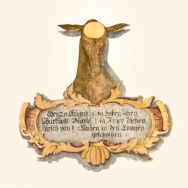 Schloss und Schlossgarten Schwetzingen - Schloss - Südflügel / Hofdamenflügel - Querbau - Von Innen - Obergeschoss - Gang - Westwand - 6. Gemälde von Süden - Von Osten - Blick auf eine "Hirschkartusche" zur Erinnerung an eine Jagd; Inschrift: "Den 20. August 1710 haben Ihro / Churfürstl. Durchl. in Trier dießen / Hirsch von 1? Enden in den Langen / geschossen "; Datierung: wohl unter Kurfürst Karl III. Philipp (1661-1742, reg. 1716-1742); Malerei in Fresco-Technik; Oval im Stirnbereich des Hirsches diente der Anbringung des Hirschgeweihs; Malerei vermutlich in jüngerer Zeit überstrichen (Südflügel: L-förmig, Länge x Breite Längsbau ca. 50 x 14 Meter, Querbau ca. 15 x 11 Meter,; Architekt: Johann Adam Breunig (1660-1727); Fertigstellung: 1710, letzte Renovierung: 2009-2012) (aufgenommen im September 2024, um die Mittagszeit) Schloss und Schlossgarten Schwetzingen - Schloss - Südflügel / Hofdamenflügel - Querbau - Von Innen - Obergeschoss - Gang - Westwand - 6. Gemälde von Süden - Von Osten - Blick auf eine "Hirschkartusche" zur Erinnerung an eine Jagd; Inschrift: "Den 20. August 1710 haben Ihro / Churfürstl. Durchl. in Trier dießen / Hirsch von 1? Enden in den Langen / geschossen "; Datierung: wohl unter Kurfürst Karl III. Philipp (1661-1742, reg. 1716-1742); Malerei in Fresco-Technik; Oval im Stirnbereich des Hirsches diente der Anbringung des Hirschgeweihs; Malerei vermutlich in jüngerer Zeit überstrichen (Südflügel: L-förmig, Länge x Breite Längsbau ca. 50 x 14 Meter, Querbau ca. 15 x 11 Meter,; Architekt: Johann Adam Breunig (1660-1727); Fertigstellung: 1710, letzte Renovierung: 2009-2012) (aufgenommen im September 2024, um die Mittagszeit)