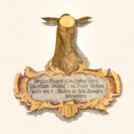 Schloss und Schlossgarten Schwetzingen - Schloss - Südflügel / Hofdamenflügel - Querbau - Von Innen - Obergeschoss - Gang - Westwand - 6. Gemälde von Süden - Von Osten - Blick auf eine "Hirschkartusche" zur Erinnerung an eine Jagd; Inschrift: "Den 20. August 1710 haben Ihro / Churfürstl. Durchl. in Trier dießen / Hirsch von 1? Enden in den Langen / geschossen "; Datierung: wohl unter Kurfürst Karl III. Philipp (1661-1742, reg. 1716-1742); Malerei in Fresco-Technik; Oval im Stirnbereich des Hirsches diente der Anbringung des Hirschgeweihs; Malerei vermutlich in jüngerer Zeit überstrichen (Südflügel: L-förmig, Länge x Breite Längsbau ca. 50 x 14 Meter, Querbau ca. 15 x 11 Meter,; Architekt: Johann Adam Breunig (1660-1727); Fertigstellung: 1710, letzte Renovierung: 2009-2012) (aufgenommen im September 2024, um die Mittagszeit) Schloss und Schlossgarten Schwetzingen - Schloss - Südflügel / Hofdamenflügel - Querbau - Von Innen - Obergeschoss - Gang - Westwand - 6. Gemälde von Süden - Von Osten - Blick auf eine "Hirschkartusche" zur Erinnerung an eine Jagd; Inschrift: "Den 20. August 1710 haben Ihro / Churfürstl. Durchl. in Trier dießen / Hirsch von 1? Enden in den Langen / geschossen "; Datierung: wohl unter Kurfürst Karl III. Philipp (1661-1742, reg. 1716-1742); Malerei in Fresco-Technik; Oval im Stirnbereich des Hirsches diente der Anbringung des Hirschgeweihs; Malerei vermutlich in jüngerer Zeit überstrichen (Südflügel: L-förmig, Länge x Breite Längsbau ca. 50 x 14 Meter, Querbau ca. 15 x 11 Meter,; Architekt: Johann Adam Breunig (1660-1727); Fertigstellung: 1710, letzte Renovierung: 2009-2012) (aufgenommen im September 2024, um die Mittagszeit)
