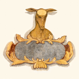 Schloss und Schlossgarten Schwetzingen - Schloss - Südflügel / Hofdamenflügel - Querbau - Von Innen - Obergeschoss - Gang - Ostwand - 1. Gemälde von Norden - Von Westen - Blick auf eine "Hirschkartusche" zur Erinnerung an eine Jagd; Inschrift: nicht mehr vorhanden; Datierung: zwischen 1713 und 1720 unter dem Kurfürsten Johann Wilhelm (1658-1716, reg. 1690-1716) oder Karl III. Philipp (1661-1742, reg. 1716-1742); Malerei in Fresco-Technik; Oval im Stirnbereich des Hirsches diente der Anbringung des Hirschgeweihs; Malerei vermutlich in jüngerer Zeit überstrichen (Südflügel: L-förmig, Länge x Breite Längsbau ca. 50 x 14 Meter, Querbau ca. 15 x 11 Meter,; Architekt: Johann Adam Breunig (1660-1727); Fertigstellung: 1710, letzte Renovierung: 2009-2012) (aufgenommen im September 2024, am frühen Nachmittag) Schloss und Schlossgarten Schwetzingen - Schloss - Südflügel / Hofdamenflügel - Querbau - Von Innen - Obergeschoss - Gang - Ostwand - 1. Gemälde von Norden - Von Westen - Blick auf eine "Hirschkartusche" zur Erinnerung an eine Jagd; Inschrift: nicht mehr vorhanden; Datierung: zwischen 1713 und 1720 unter dem Kurfürsten Johann Wilhelm (1658-1716, reg. 1690-1716) oder Karl III. Philipp (1661-1742, reg. 1716-1742); Malerei in Fresco-Technik; Oval im Stirnbereich des Hirsches diente der Anbringung des Hirschgeweihs; Malerei vermutlich in jüngerer Zeit überstrichen (Südflügel: L-förmig, Länge x Breite Längsbau ca. 50 x 14 Meter, Querbau ca. 15 x 11 Meter,; Architekt: Johann Adam Breunig (1660-1727); Fertigstellung: 1710, letzte Renovierung: 2009-2012) (aufgenommen im September 2024, am frühen Nachmittag)