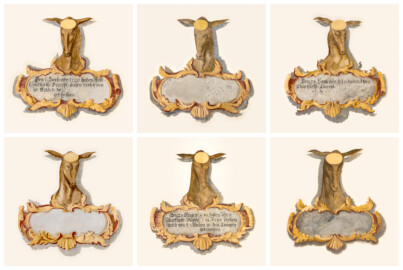 Schloss und Schlossgarten Schwetzingen - Schloss - Südflügel / Hofdamenflügel - Querbau - Von Innen - Obergeschoss - Gang - Westwand - 2. bis 7. Gemälde (von Süden aus gezählt) - Von Osten - Sechs der sieben "Hirschkartuschen" der Westwand zur Erinnerung an Jagden; Datierung: zwischen 1713 und 1720 unter dem Kurfürsten Johann Wilhelm (1658-1716, reg. 1690-1716) oder Karl III. Philipp (1661-1742, reg. 1716-1742); Malereien in Fresco-Technik; Ovale im Stirnbereich der Hirsche dienten der Anbringung der Hirschgeweihe; Malereien vermutlich in jüngerer Zeit überstrichen (Südflügel: L-förmig, Länge x Breite Längsbau ca. 50 x 14 Meter, Querbau ca. 15 x 11 Meter,; Architekt: Johann Adam Breunig (1660-1727); Fertigstellung: 1710, letzte Renovierung: 2009-2012) (aufgenommen im September 2024) Schloss und Schlossgarten Schwetzingen - Schloss - Südflügel / Hofdamenflügel - Querbau - Von Innen - Obergeschoss - Gang - Westwand - 2. bis 7. Gemälde (von Süden aus gezählt) - Von Osten - Sechs der sieben "Hirschkartuschen" der Westwand zur Erinnerung an Jagden; Datierung: zwischen 1713 und 1720 unter dem Kurfürsten Johann Wilhelm (1658-1716, reg. 1690-1716) oder Karl III. Philipp (1661-1742, reg. 1716-1742); Malereien in Fresco-Technik; Ovale im Stirnbereich der Hirsche dienten der Anbringung der Hirschgeweihe; Malereien vermutlich in jüngerer Zeit überstrichen (Südflügel: L-förmig, Länge x Breite Längsbau ca. 50 x 14 Meter, Querbau ca. 15 x 11 Meter,; Architekt: Johann Adam Breunig (1660-1727); Fertigstellung: 1710, letzte Renovierung: 2009-2012) (aufgenommen im September 2024)