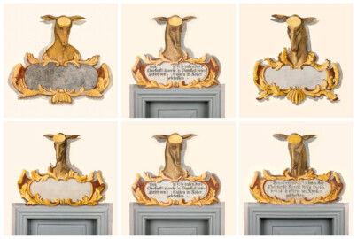 Schloss und Schlossgarten Schwetzingen - Schloss - Südflügel / Hofdamenflügel - Querbau - Von Innen - Obergeschoss - Gang - Ostwand - 1. bis 5. Gemälde (von Norden aus gezählt) - Von Westen - Alle "Hirschkartuschen" der Ostwand; diese dienten als Erinnerungen an Jagden; die untere mittlere Kartusche ist oben in der Mitte aus Symmetriegründen dupliziert; Datierung: zwischen 1713 und 1720 unter dem Kurfürsten Johann Wilhelm (1658-1716, reg. 1690-1716) oder Karl III. Philipp (1661-1742, reg. 1716-1742); Malereien in Fresco-Technik; Ovale im Stirnbereich der Hirsche dienten der Anbringung der Hirschgeweihe; Malereien vermutlich in jüngerer Zeit überstrichen (Südflügel: L-förmig, Länge x Breite Längsbau ca. 50 x 14 Meter, Querbau ca. 15 x 11 Meter,; Architekt: Johann Adam Breunig (1660-1727); Fertigstellung: 1710, letzte Renovierung: 2009-2012) (aufgenommen im September 2024) Schloss und Schlossgarten Schwetzingen - Schloss - Südflügel / Hofdamenflügel - Querbau - Von Innen - Obergeschoss - Gang - Ostwand - 1. bis 5. Gemälde (von Norden aus gezählt) - Von Westen - Alle "Hirschkartuschen" der Ostwand; diese dienten als Erinnerungen an Jagden; die untere mittlere Kartusche ist oben in der Mitte aus Symmetriegründen dupliziert; Datierung: zwischen 1713 und 1720 unter dem Kurfürsten Johann Wilhelm (1658-1716, reg. 1690-1716) oder Karl III. Philipp (1661-1742, reg. 1716-1742); Malereien in Fresco-Technik; Ovale im Stirnbereich der Hirsche dienten der Anbringung der Hirschgeweihe; Malereien vermutlich in jüngerer Zeit überstrichen (Südflügel: L-förmig, Länge x Breite Längsbau ca. 50 x 14 Meter, Querbau ca. 15 x 11 Meter,; Architekt: Johann Adam Breunig (1660-1727); Fertigstellung: 1710, letzte Renovierung: 2009-2012) (aufgenommen im September 2024)