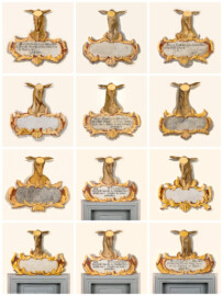Schloss und Schlossgarten Schwetzingen - Schloss - Südflügel / Hofdamenflügel - Querbau - Von Innen - Obergeschoss - Gang - Ostwand und Westwand - 1. bis 5. Gemälde der Ostwand (von Norden aus gezählt, in Zeilen 1 und 2) und 2. bis 7. Gemälde der Westwand (von Süden aus gezählt, in Zeilen 3 und 4) - 11 der 12 "Hirschkartuschen" der Ost- und Westwand; diese dienten als Erinnerungen an Jagden; die untere mittlere Kartusche ist darüber in der Mitte aus Symmetriegründen dupliziert; Datierung: zwischen 1713 und 1720 unter dem Kurfürsten Johann Wilhelm (1658-1716, reg. 1690-1716) oder Karl III. Philipp (1661-1742, reg. 1716-1742); Malereien in Fresco-Technik; Ovale im Stirnbereich der Hirsche dienten der Anbringung der Hirschgeweihe; Malereien vermutlich in jüngerer Zeit überstrichen  (Südflügel: L-förmig, Länge x Breite Längsbau ca. 50 x 14 Meter, Querbau ca. 15 x 11 Meter,; Architekt: Johann Adam Breunig (1660-1727); Fertigstellung: 1710, letzte Renovierung: 2009-2012) (aufgenommen im September 2024)