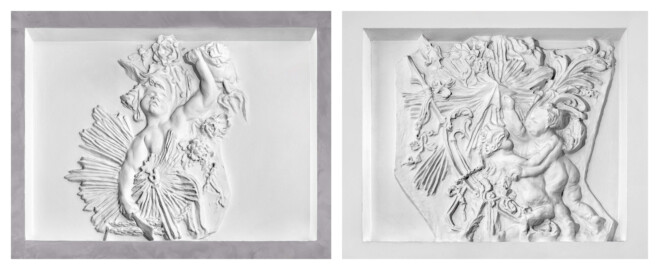 Schloss und Schlossgarten Schwetzingen - Schloss - Küchenflügel / Küchenbau -  Längsbau - Von innen - Erdgeschoss - Gang - Ost- und Westseite - 4. Stuckrelief der Ostseite, von Westen aus gezählt (links) und 4. Stuckrelief der Westseite, von Osten aus gezählt (rechts) - Blick auf zwei Stuckreliefs in den vertieften Wandfeldern mit einem Putto oder zwei Putti (Bildhauer/Stuckateur und Datierung unbekannt) (Küchenflügel: L-förmig, Länge x Breite Längsbau ca. 75 x 13 Meter, Querbau ca. 25 x 11 Meter; Architekt: Nicolas de Pigage (1723-1796); Fertigstellung: 1761, letzte Renovierung: 2009-2012) (aufgenommen im September 2024)