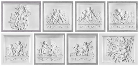 Schloss und Schlossgarten Schwetzingen - Schloss - Küchenflügel / Küchenbau - Längsbau - Von innen - Erdgeschoss - Gang - Ost- und Westseite - 4. bis 1. Stuckrelief der Ostseite, von Westen aus gezählt (oben) und 1. bis 4. Stuckrelief der Westseite, von Osten aus gezählt (unten) - Blick auf alle acht Stuckreliefs in den vertieften Wandfeldern mit je einem Putto oder zwei Putti (Bildhauer/Stuckateur und Datierung unbekannt; Ausnahme oben zweites Stuckrelief von links: "Allegorie der Dichtkunst", Bildhauer/Stuckateur Hans Volker Dursy (1925-1991), Datierung: 1968, Darstellung in Anlehnung an eine Vase von Francesco Carabelli (1737-1798) beim Arionbrunnen) (Küchenflügel: L-förmig, Länge x Breite Längsbau ca. 75 x 13 Meter, Querbau ca. 25 x 11 Meter; Architekt: Nicolas de Pigage (1723-1796); Fertigstellung: 1761, letzte Renovierung: 2009-2012) (aufgenommen im September 2024) Schloss und Schlossgarten Schwetzingen - Schloss - Küchenflügel / Küchenbau - Längsbau - Von innen - Erdgeschoss - Gang - Ost- und Westseite - 4. bis 1. Stuckrelief der Ostseite, von Westen aus gezählt (oben) und 1. bis 4. Stuckrelief der Westseite, von Osten aus gezählt (unten) - Blick auf alle acht Stuckreliefs in den vertieften Wandfeldern mit je einem Putto oder zwei Putti (Bildhauer/Stuckateur und Datierung unbekannt; Ausnahme oben zweites Stuckrelief von links: "Allegorie der Dichtkunst", Bildhauer/Stuckateur Hans Volker Dursy (1925-1991), Datierung: 1968, Darstellung in Anlehnung an eine Vase von Francesco Carabelli (1737-1798) beim Arionbrunnen) (Küchenflügel: L-förmig, Länge x Breite Längsbau ca. 75 x 13 Meter, Querbau ca. 25 x 11 Meter; Architekt: Nicolas de Pigage (1723-1796); Fertigstellung: 1761, letzte Renovierung: 2009-2012) (aufgenommen im September 2024)