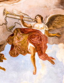 Schloss und Schlossgarten Schwetzingen - Garten - Gesandtenhaus (ehemaliges Prinzenhaus) / Amtsgericht - Von Innen - 1. Obergeschoss - Großer Sitzungssaal - Blick auf eine Figur des neuzeitlichen Deckengemäldes (Gemälde: eine allegorische Darstellung des Friedens; Maler: Carolus Vocke (1899-1979); Datierung: nach 1945) (aufgenommen im Oktober 2024, am Nachmittag) Schloss und Schlossgarten Schwetzingen - Garten - Gesandtenhaus (ehemaliges Prinzenhaus) / Amtsgericht - Von Innen - 1. Obergeschoss - Großer Sitzungssaal - Blick auf eine Figur des neuzeitlichen Deckengemäldes (Gemälde: eine allegorische Darstellung des Friedens; Maler: Carolus Vocke (1899-1979); Datierung: nach 1945) (aufgenommen im Oktober 2024, am Nachmittag)