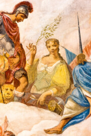 Schloss und Schlossgarten Schwetzingen - Garten - Gesandtenhaus (ehemaliges Prinzenhaus) / Amtsgericht - Von Innen - 1. Obergeschoss - Großer Sitzungssaal - Blick auf Figuren des neuzeitlichen Deckengemäldes (Gemälde: eine allegorische Darstellung des Friedens; Maler: Carolus Vocke (1899-1979); Datierung: nach 1945) (aufgenommen im Oktober 2024, am späten Nachmittag) Schloss und Schlossgarten Schwetzingen - Garten - Gesandtenhaus (ehemaliges Prinzenhaus) / Amtsgericht - Von Innen - 1. Obergeschoss - Großer Sitzungssaal - Blick auf Figuren des neuzeitlichen Deckengemäldes (Gemälde: eine allegorische Darstellung des Friedens; Maler: Carolus Vocke (1899-1979); Datierung: nach 1945) (aufgenommen im Oktober 2024, am späten Nachmittag)