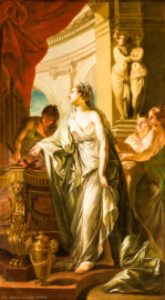 Schloss und Schlossgarten Schwetzingen - Garten - Nördlicher Zirkelbau - Westlicher Pavillon / Foyer des Schlosstheaters - Von innen - Nordwand, rechte Seite - Blick auf ein Gemälde; Darstellung unklar (Vesta?/Hestia?) (Maler und Datierung unbekannt; Hängung im Nordzirkel seit mindestens der 1950er Jahre) (Gesamter Bau: Länge Bogen ca. 175 Meter, Breite zwischen ca. 11 und 18 Meter, 51 Achsen, 5 Pavillons, 4 Zwischenbauten; Architekt: Alessandro Alessandro Galli da Bibiena (1686-1748), Bauleitung: zuerst Guillaume d’Hauberat (1680–1749), dann Nicolas de Pigage (1723-1796); Bauzeit: 1748-1750) (aufgenommen im Oktober 2024, am späten Vormittag) Schloss und Schlossgarten Schwetzingen - Garten - Nördlicher Zirkelbau - Westlicher Pavillon / Foyer des Schlosstheaters - Von innen - Nordwand, rechte Seite - Blick auf ein Gemälde; Darstellung unklar (Vesta?/Hestia?) (Maler und Datierung unbekannt; Hängung im Nordzirkel seit mindestens der 1950er Jahre) (Gesamter Bau: Länge Bogen ca. 175 Meter, Breite zwischen ca. 11 und 18 Meter, 51 Achsen, 5 Pavillons, 4 Zwischenbauten; Architekt: Alessandro Alessandro Galli da Bibiena (1686-1748), Bauleitung: zuerst Guillaume d’Hauberat (1680–1749), dann Nicolas de Pigage (1723-1796); Bauzeit: 1748-1750) (aufgenommen im Oktober 2024, am späten Vormittag)