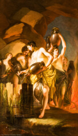 Schloss und Schlossgarten Schwetzingen - Garten - Nördlicher Zirkelbau - Westlicher Pavillon / Foyer des Schlosstheaters - Von innen - Nordwand, linke Seite - Blick auf ein Gemälde; vermutlich eine Darstellung des Mythos der Danaiden (50 Töchter des Danaos, die zur Strafe für die Ermordung ihrer Ehemänner im Tartaros auf ewig Wasser in ein leckes Gefäß schöpfen mussten) (Maler und Datierung unbekannt; Hängung im Nordzirkel seit mindestens der 1950er Jahre) (Gesamter Bau: Länge Bogen ca. 175 Meter, Breite zwischen ca. 11 und 18 Meter, 51 Achsen, 5 Pavillons, 4 Zwischenbauten; Architekt: Alessandro Alessandro Galli da Bibiena (1686-1748), Bauleitung: zuerst Guillaume d’Hauberat (1680–1749), dann Nicolas de Pigage (1723-1796); Bauzeit: 1748-1750) (aufgenommen im Oktober 2024, am späten Vormittag) Schloss und Schlossgarten Schwetzingen - Garten - Nördlicher Zirkelbau - Westlicher Pavillon / Foyer des Schlosstheaters - Von innen - Nordwand, linke Seite - Blick auf ein Gemälde; vermutlich eine Darstellung des Mythos der Danaiden (50 Töchter des Danaos, die zur Strafe für die Ermordung ihrer Ehemänner im Tartaros auf ewig Wasser in ein leckes Gefäß schöpfen mussten) (Maler und Datierung unbekannt; Hängung im Nordzirkel seit mindestens der 1950er Jahre) (Gesamter Bau: Länge Bogen ca. 175 Meter, Breite zwischen ca. 11 und 18 Meter, 51 Achsen, 5 Pavillons, 4 Zwischenbauten; Architekt: Alessandro Alessandro Galli da Bibiena (1686-1748), Bauleitung: zuerst Guillaume d’Hauberat (1680–1749), dann Nicolas de Pigage (1723-1796); Bauzeit: 1748-1750) (aufgenommen im Oktober 2024, am späten Vormittag)