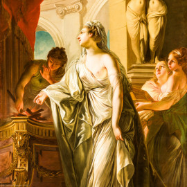 Schloss und Schlossgarten Schwetzingen - Garten - Nördlicher Zirkelbau - Westlicher Pavillon / Foyer des Schlosstheaters - Von innen - Nordwand, rechte Seite - Ausschnitt aus einem Gemälde; Darstellung unklar (Vesta?/Hestia?) (Maler und Datierung unbekannt; Hängung im Nordzirkel seit mindestens der 1950er Jahre) (Gesamter Bau: Länge Bogen ca. 175 Meter, Breite zwischen ca. 11 und 18 Meter, 51 Achsen, 5 Pavillons, 4 Zwischenbauten; Architekt: Alessandro Alessandro Galli da Bibiena (1686-1748), Bauleitung: zuerst Guillaume d’Hauberat (1680–1749), dann Nicolas de Pigage (1723-1796); Bauzeit: 1748-1750) (aufgenommen im Oktober 2024, am späten Vormittag) Schloss und Schlossgarten Schwetzingen - Garten - Nördlicher Zirkelbau - Westlicher Pavillon / Foyer des Schlosstheaters - Von innen - Nordwand, rechte Seite - Ausschnitt aus einem Gemälde; Darstellung unklar (Vesta?/Hestia?) (Maler und Datierung unbekannt; Hängung im Nordzirkel seit mindestens der 1950er Jahre) (Gesamter Bau: Länge Bogen ca. 175 Meter, Breite zwischen ca. 11 und 18 Meter, 51 Achsen, 5 Pavillons, 4 Zwischenbauten; Architekt: Alessandro Alessandro Galli da Bibiena (1686-1748), Bauleitung: zuerst Guillaume d’Hauberat (1680–1749), dann Nicolas de Pigage (1723-1796); Bauzeit: 1748-1750) (aufgenommen im Oktober 2024, am späten Vormittag)