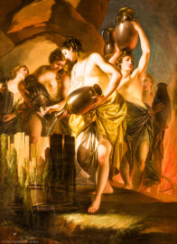 Schloss und Schlossgarten Schwetzingen - Garten - Nördlicher Zirkelbau - Westlicher Pavillon / Foyer des Schlosstheaters - Von innen - Nordwand, linke Seite - Ausschnitt aus einem Gemälde; vermutlich eine Darstellung des  Mythos der Danaiden (50 Töchter des Danaos, die zur Strafe für die Ermordung ihrer Ehemänner im Tartaros auf ewig Wasser in ein leckes Gefäß schöpfen mussten) (Maler und Datierung unbekannt; Hängung im Nordzirkel seit mindestens der 1950er Jahre) (Gesamter Bau: Länge Bogen ca. 175 Meter, Breite zwischen ca. 11 und 18 Meter, 51 Achsen, 5 Pavillons, 4 Zwischenbauten; Architekt: Alessandro Alessandro Galli da Bibiena (1686-1748), Bauleitung: zuerst Guillaume d’Hauberat (1680–1749), dann Nicolas de Pigage (1723-1796); Bauzeit: 1748-1750) (aufgenommen im Oktober 2024, am späten Vormittag)