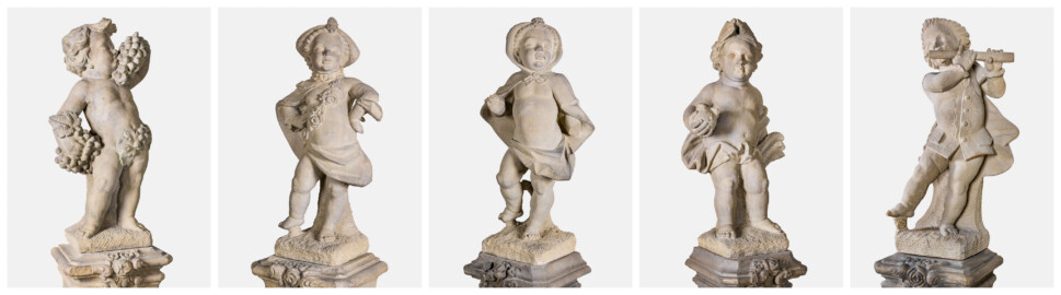 Schloss und Schlossgarten Schwetzingen - Garten - Nördlicher Zirkelbau - Westlicher Pavillon / Foyer des Schlosstheaters - Von innen - Südwand - Collage mit den fünf Zwergenfiguren / Putti (v.l.n.r.: 1. - 5. Zwergenfigur / Putto von Osten) (Kopien von Zwergenfiguren aus Schloss Veitshöchheim, wohl 18. Jh.; 1937 im Foyer aufgestellt) (Gesamter Bau: Länge Bogen ca. 175 Meter, Breite zwischen ca. 11 und 18 Meter, 51 Achsen, 5 Pavillons, 4 Zwischenbauten; Architekt: Alessandro Alessandro Galli da Bibiena (1686-1748), Bauleitung: zuerst Guillaume d’Hauberat (1680–1749), dann Nicolas de Pigage (1723-1796); Bauzeit: 1748-1750) (aufgenommen im Oktober 2024, am Nachmittag)