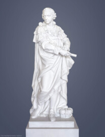 Schloss und Schlossgarten Schwetzingen - Garten - Nördlicher Zirkelbau - Westlicher Pavillon / Foyer des Schlosstheaters - Von innen - Nordwand, Westseite - Standbild Kurfürst Carl Theodor - Blick auf das Standbild des Kurfürsten Carl Theodor (1724-1799, reg. 1742-1799), im weit fallenden Mantel mit Hermelinbesätzen und Hermelinschultermantel, in der rechten Hand ein Regentenstab, über der Brust eine Kette mit Hubertusorden, neben dem linken Fuß der Kurhut - Kopie, Original im Schloss Mannheim, im Rittersaal, in Ecknische (Zum Original: Bildhauer Peter Anton von Verschaffelt (1710-1793), Datierung 1758-60; Material weißer Marmor, Höhe ca. 240 cm) (Gesamter Bau: Länge Bogen ca. 175 Meter, Breite zwischen ca. 11 und 18 Meter, 51 Achsen, 5 Pavillons, 4 Zwischenbauten; Architekt: Alessandro Alessandro Galli da Bibiena (1686-1748), Bauleitung: zuerst Guillaume d’Hauberat (1680–1749), dann Nicolas de Pigage (1723-1796); Bauzeit: 1748-1750) (aufgenommen im November 2024, um die Mittagszeit)