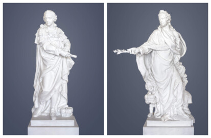 Schloss und Schlossgarten Schwetzingen - Garten - Nördlicher Zirkelbau - Westlicher Pavillon / Foyer des Schlosstheaters - Von innen - Nordwand - Standbilder des Kurfürsten Carl Theodor (1724-1799, reg. 1742-1799) und der Kurfürstin Elisabeth Auguste von Pfalz-Sulzbach (1721-1794) - Kopien, Originale im Schloss Mannheim, im Rittersaal, in Ecknischen (Zu den Originalen: Bildhauer Peter Anton von Verschaffelt (1710-1793), Datierung 1758-60; Material weißer Marmor, Höhen ca. 240 bzw. 245 cm) (Gesamter Bau: Länge Bogen ca. 175 Meter, Breite zwischen ca. 11 und 18 Meter, 51 Achsen, 5 Pavillons, 4 Zwischenbauten; Architekt: Alessandro Alessandro Galli da Bibiena (1686-1748), Bauleitung: zuerst Guillaume d’Hauberat (1680–1749), dann Nicolas de Pigage (1723-1796); Bauzeit: 1748-1750) (aufgenommen im November 2024, um die Mittagszeit) Schloss und Schlossgarten Schwetzingen - Garten - Nördlicher Zirkelbau - Westlicher Pavillon / Foyer des Schlosstheaters - Von innen - Nordwand - Standbilder des Kurfürsten Carl Theodor (1724-1799, reg. 1742-1799) und der Kurfürstin Elisabeth Auguste von Pfalz-Sulzbach (1721-1794) - Kopien, Originale im Schloss Mannheim, im Rittersaal, in Ecknischen (Zu den Originalen: Bildhauer Peter Anton von Verschaffelt (1710-1793), Datierung 1758-60; Material weißer Marmor, Höhen ca. 240 bzw. 245 cm) (Gesamter Bau: Länge Bogen ca. 175 Meter, Breite zwischen ca. 11 und 18 Meter, 51 Achsen, 5 Pavillons, 4 Zwischenbauten; Architekt: Alessandro Alessandro Galli da Bibiena (1686-1748), Bauleitung: zuerst Guillaume d’Hauberat (1680–1749), dann Nicolas de Pigage (1723-1796); Bauzeit: 1748-1750) (aufgenommen im November 2024, um die Mittagszeit)