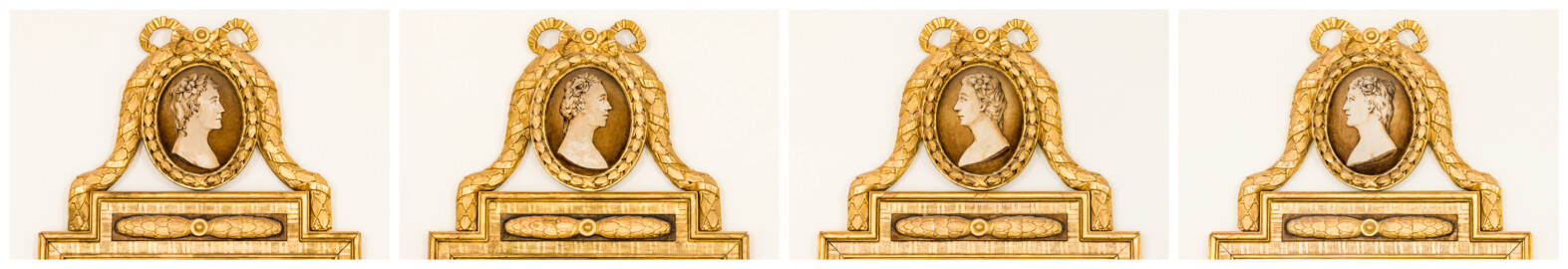 Schloss und Schlossgarten Schwetzingen - Garten - Nördlicher Zirkelbau - Zwischenbau / Konzertsaal - Von innen - Nordwand - 1. bis 4. Spiegel von Westen (v.l.n.r.) - Blick auf die Spiegelbekrönungen der vier Spiegel (Gesamter Bau: Länge Bogen ca. 175 Meter, Breite zwischen ca. 11 und 18 Meter, 51 Achsen, 5 Pavillons, 4 Zwischenbauten; Architekt: Alessandro Alessandro Galli da Bibiena (1686-1748), Bauleitung: zuerst Guillaume d’Hauberat (1680–1749), dann Nicolas de Pigage (1723-1796); Bauzeit: 1748-1750) (aufgenommen im November 2024, am Nachmittag) Schloss und Schlossgarten Schwetzingen - Garten - Nördlicher Zirkelbau - Zwischenbau / Konzertsaal - Von innen - Nordwand - 1. bis 4. Spiegel von Westen (v.l.n.r.) - Blick auf die Spiegelbekrönungen der vier Spiegel (Gesamter Bau: Länge Bogen ca. 175 Meter, Breite zwischen ca. 11 und 18 Meter, 51 Achsen, 5 Pavillons, 4 Zwischenbauten; Architekt: Alessandro Alessandro Galli da Bibiena (1686-1748), Bauleitung: zuerst Guillaume d’Hauberat (1680–1749), dann Nicolas de Pigage (1723-1796); Bauzeit: 1748-1750) (aufgenommen im November 2024, am Nachmittag)