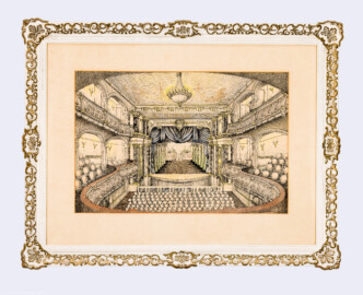 Schloss und Schlossgarten Schwetzingen - Garten - Schlosstheater - Von innen - Erdgeschoss, südliches Foyer - Federzeichnung "Rokokotheater Schwetzingen", gerahmt; Signatur: Willi (?) Glaser (?), Mai 1958 (?) (Gesamter Bau: Länge x Breite: ca. 62 x 35 Meter; Architekt: Nicolas de Pigage (1723-1796); Bauzeit: 1752-1753, Erweiterung 1762, Sanierung: 1937, Renovierung: 1952, Generalsanierung / Umbau 1971-1974, Restaurierung: 1999-2005) (aufgenommen im Dezember 2024, am späten Vormittag)