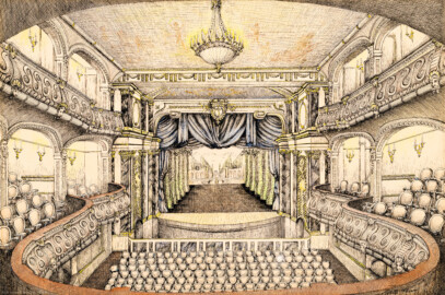 Schloss und Schlossgarten Schwetzingen - Garten - Schlosstheater - Von innen - Erdgeschoss, südliches Foyer - Federzeichnung "Rokokotheater Schwetzingen"; Signatur: Willi (?) Glaser (?), Mai 1958 (?) (Gesamter Bau: Länge x Breite: ca. 62 x 35 Meter; Architekt: Nicolas de Pigage (1723-1796); Bauzeit: 1752-1753, Erweiterung 1762, Sanierung: 1937, Renovierung: 1952, Generalsanierung / Umbau 1971-1974, Restaurierung: 1999-2005) (aufgenommen im Dezember 2024, am späten Vormittag)