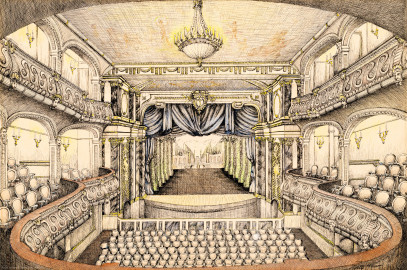 Schloss und Schlossgarten Schwetzingen - Garten - Schlosstheater - Von innen - Erdgeschoss, südliches Foyer - Federzeichnung "Rokokotheater Schwetzingen"; Signatur: Willi (?) Glaser (?), Mai 1958 (?) (Gesamter Bau: Länge x Breite: ca. 62 x 35 Meter; Architekt: Nicolas de Pigage (1723-1796); Bauzeit: 1752-1753, Erweiterung 1762, Sanierung: 1937, Renovierung: 1952, Generalsanierung / Umbau 1971-1974, Restaurierung: 1999-2005) (aufgenommen im Dezember 2024, am späten Vormittag) Schloss und Schlossgarten Schwetzingen - Garten - Schlosstheater - Von innen - Erdgeschoss, südliches Foyer - Federzeichnung "Rokokotheater Schwetzingen"; Signatur: Willi (?) Glaser (?), Mai 1958 (?) (Gesamter Bau: Länge x Breite: ca. 62 x 35 Meter; Architekt: Nicolas de Pigage (1723-1796); Bauzeit: 1752-1753, Erweiterung 1762, Sanierung: 1937, Renovierung: 1952, Generalsanierung / Umbau 1971-1974, Restaurierung: 1999-2005) (aufgenommen im Dezember 2024, am späten Vormittag)